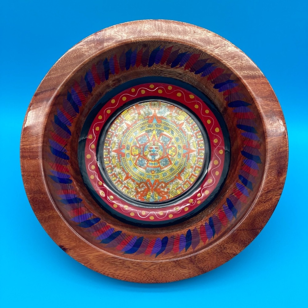 Vintage Mexican Hand Painted Wooden Bowl Batea Aztec Sun Stone Motif Folk Art